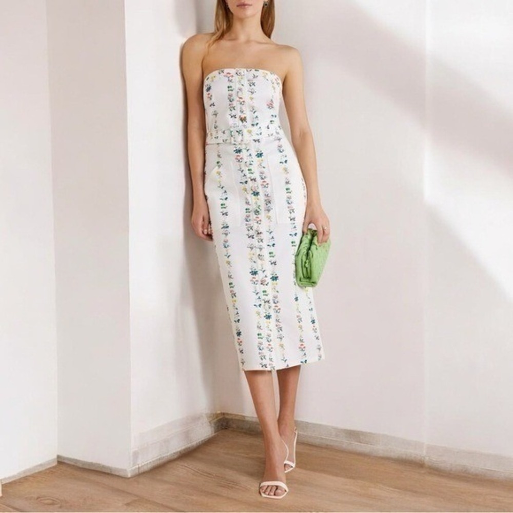 Adam Lippes Collective Strapless Belted Floral Cotton Twill Midi Dress White 2